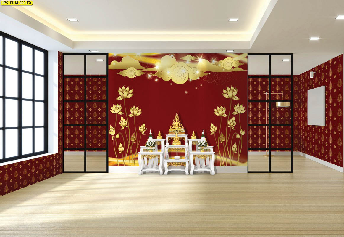 ร้านวอลเปเปอร์ ลายไทยดอกบัวทอง ลายใบโพธิ์ทอง พื้นหลังสีแดง