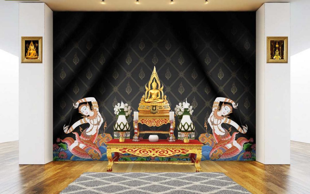 ติดวอลเปอร์สวย ลายพระแม่ธรณีบีบมวยผม ติดผนังห้องพระ (มี4สี)