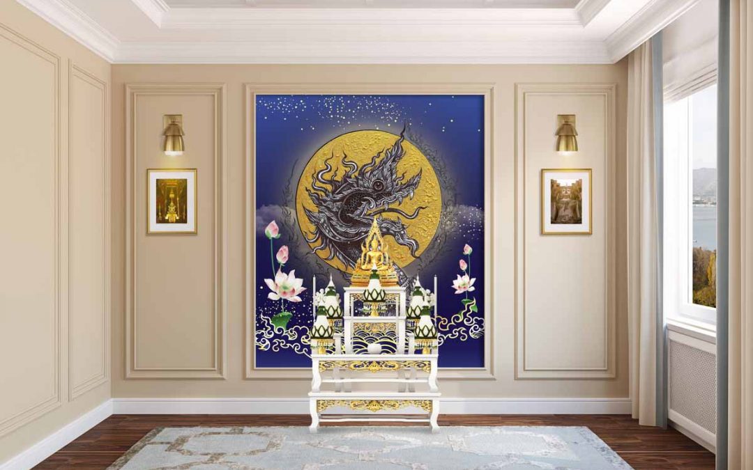 วอลเปเปอร์ลายไทยห้องพระ ลายพญานาค ตกแต่งห้องพระให้สวยงาม
